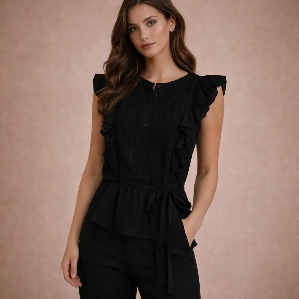 Ted Baker London Black Ruffle Blouse Feminine Designer Top Size 3